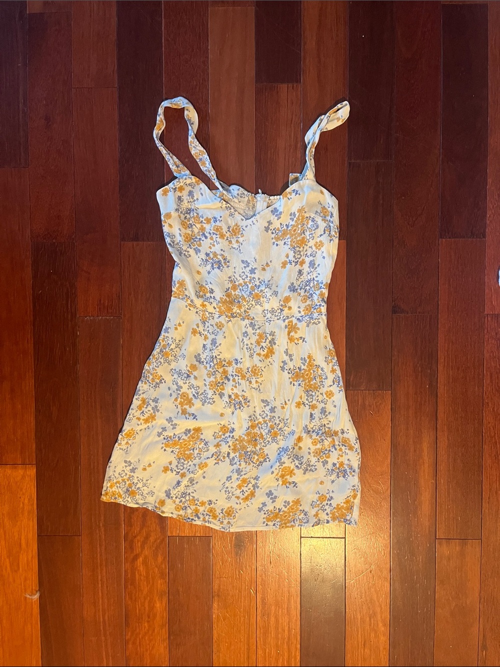Reformation Cream Sundress with Yellow & Light Blue Floral Print